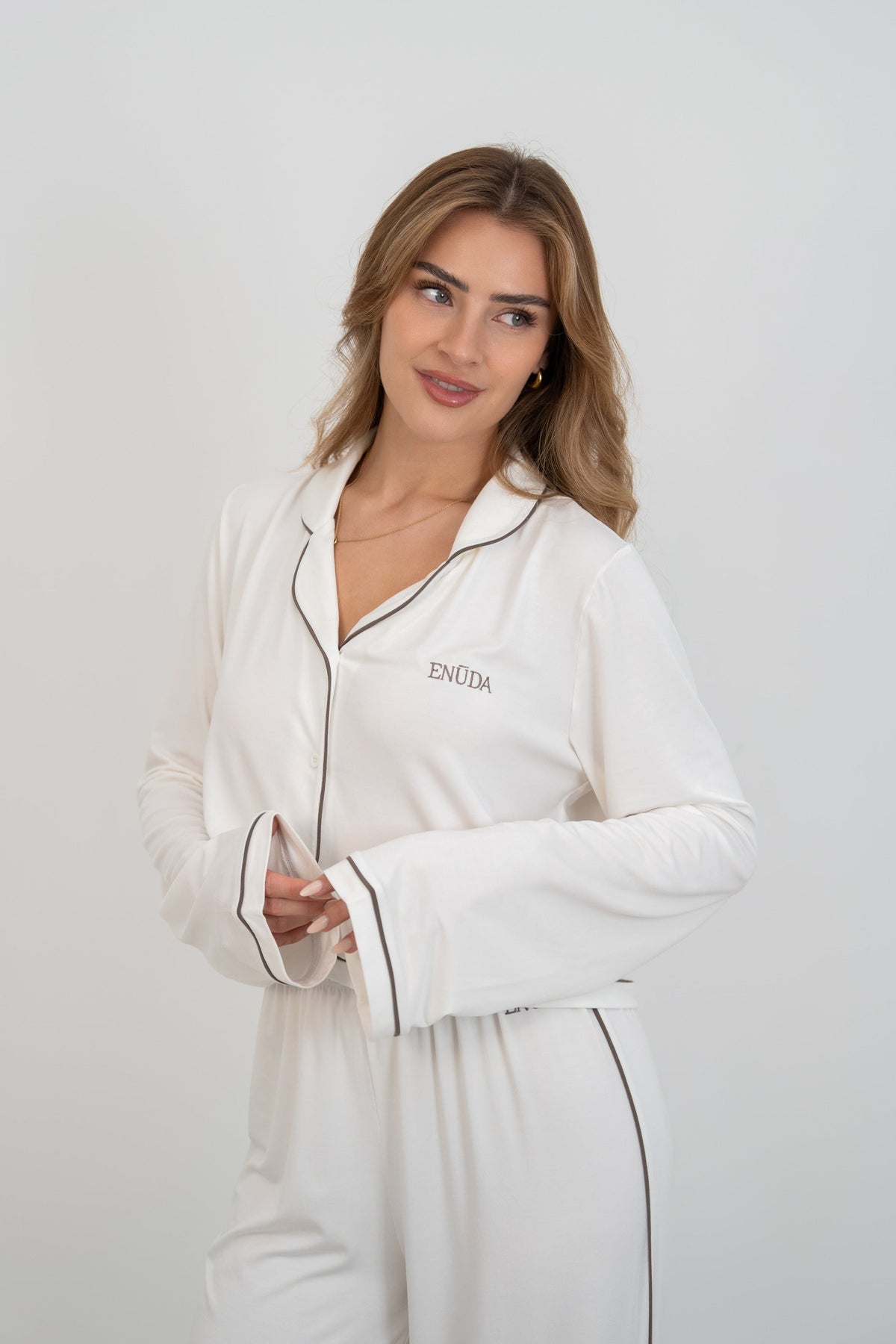 Soft Contrastline Pyjama Shirt - Off-White