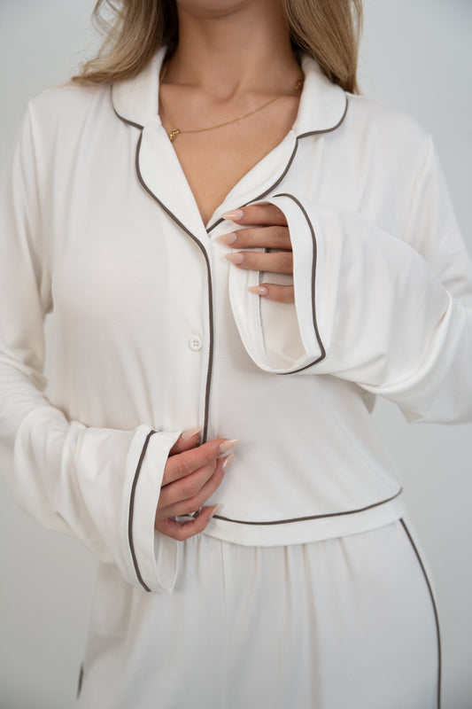Soft Contrastline Pyjama Shirt - Off-White