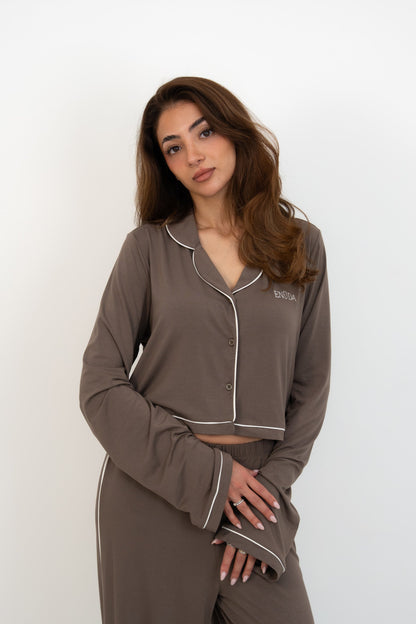 Soft Contrastline Pyjama Shirt - Taupe