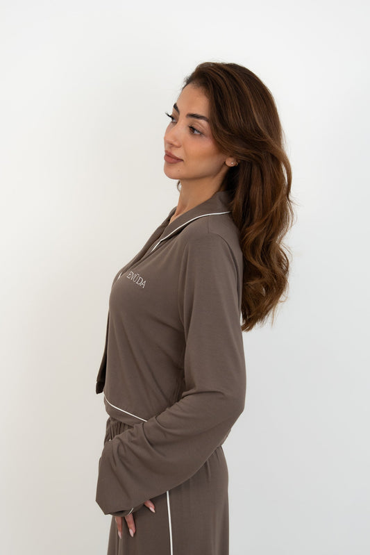 Soft Contrastline Pyjama Shirt - Taupe