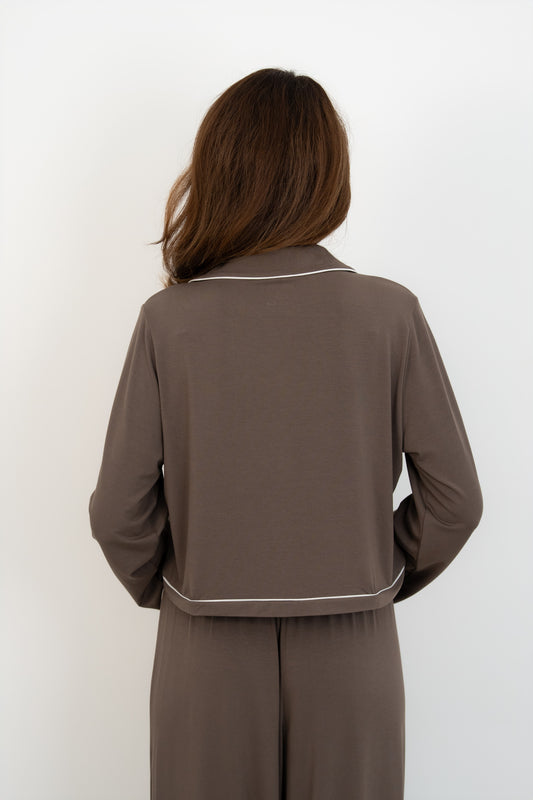 Soft Contrastline Pyjama Shirt - Taupe