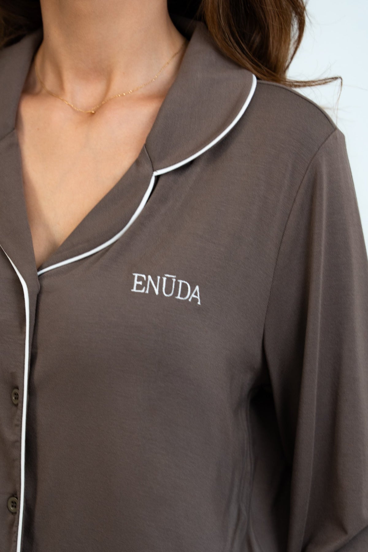 Soft Contrastline Pyjama Shirt - Taupe